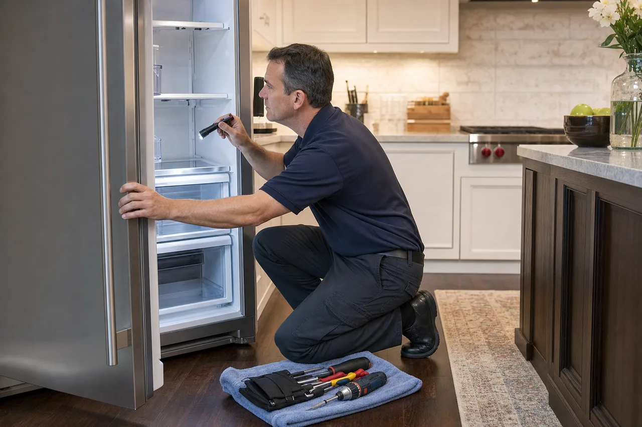 Technician repairing a built-in refrigerator up close