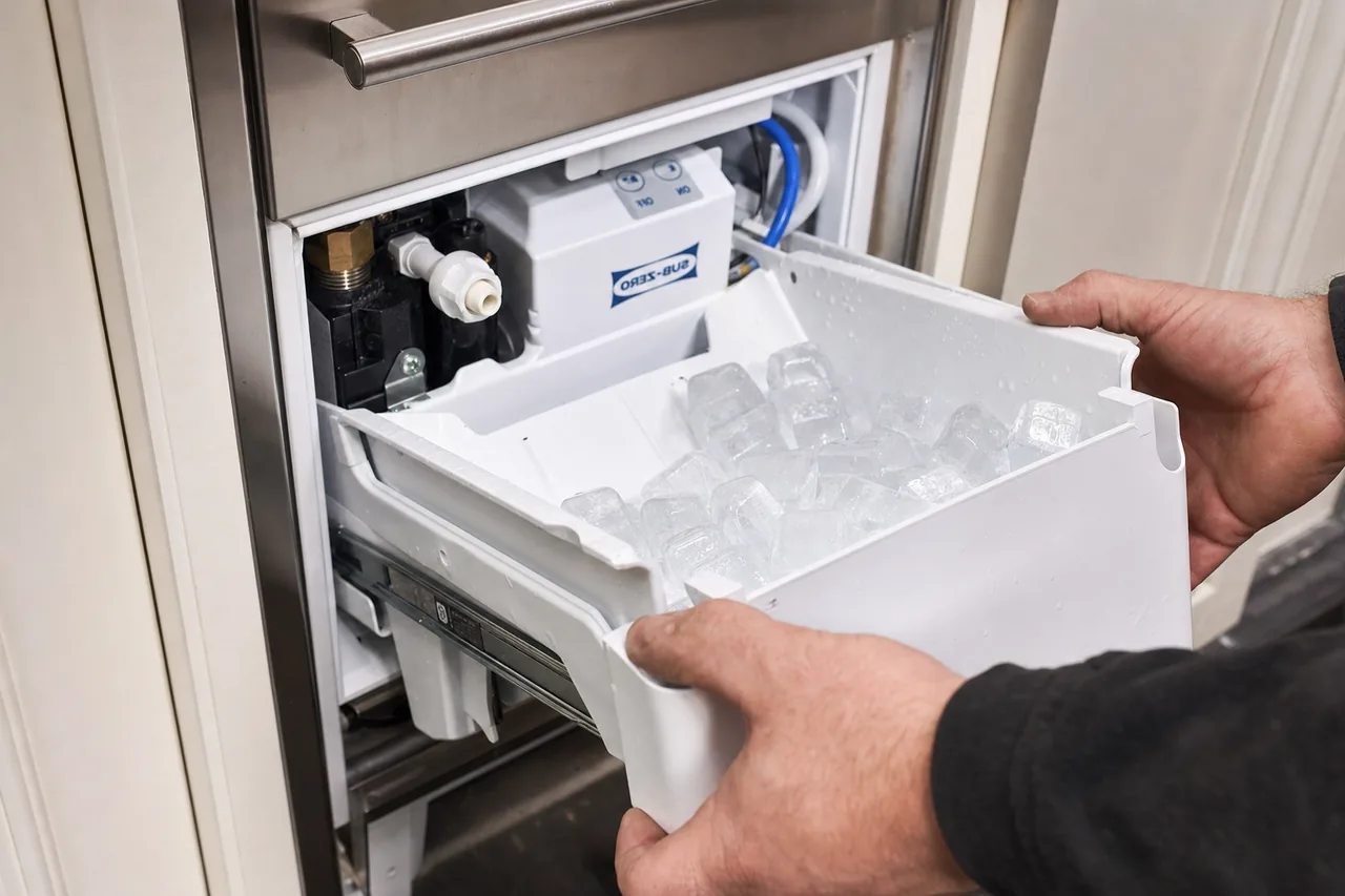 Technician servicing a built-in ice maker