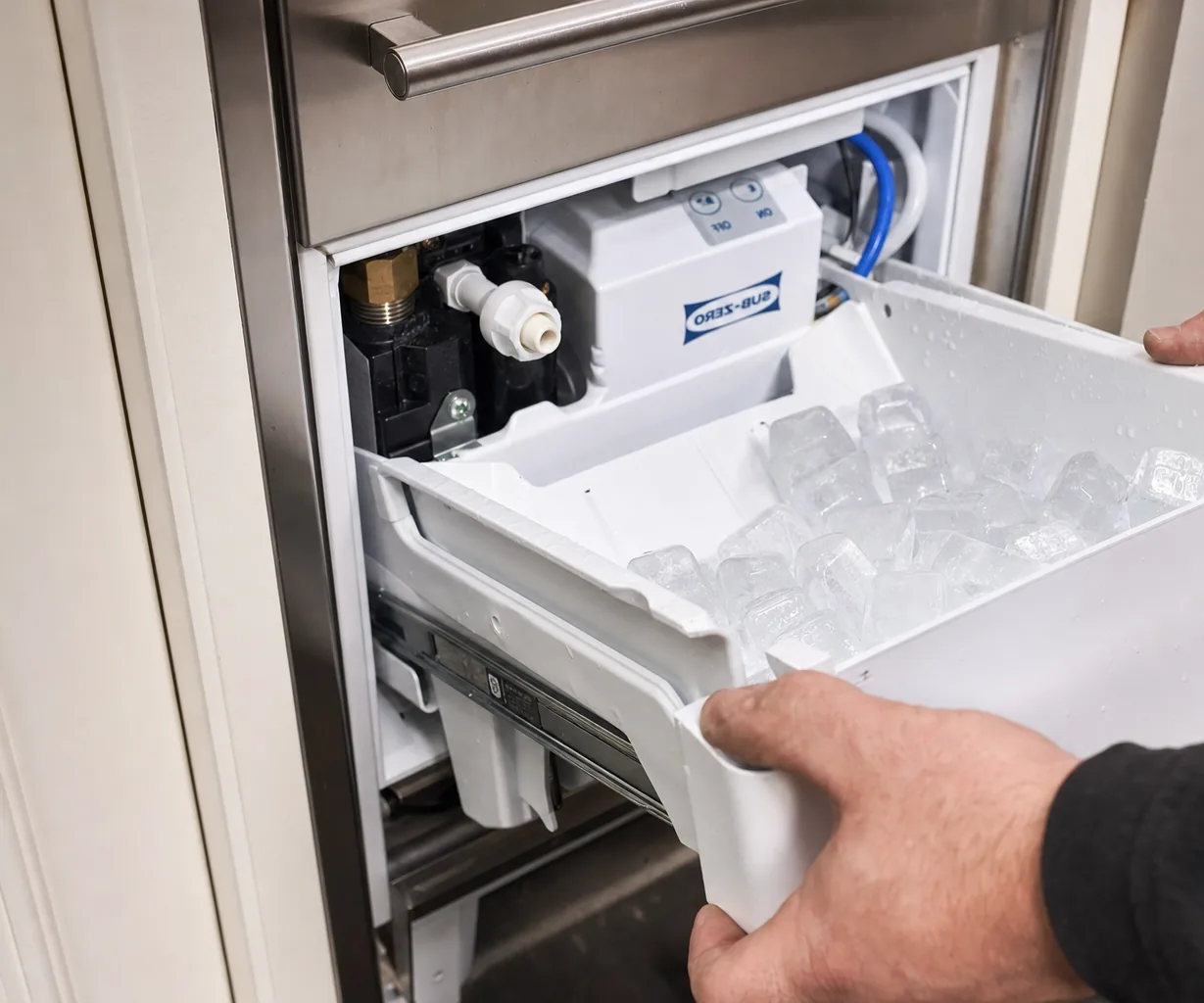Technician servicing a built-in ice maker on a same-day visit