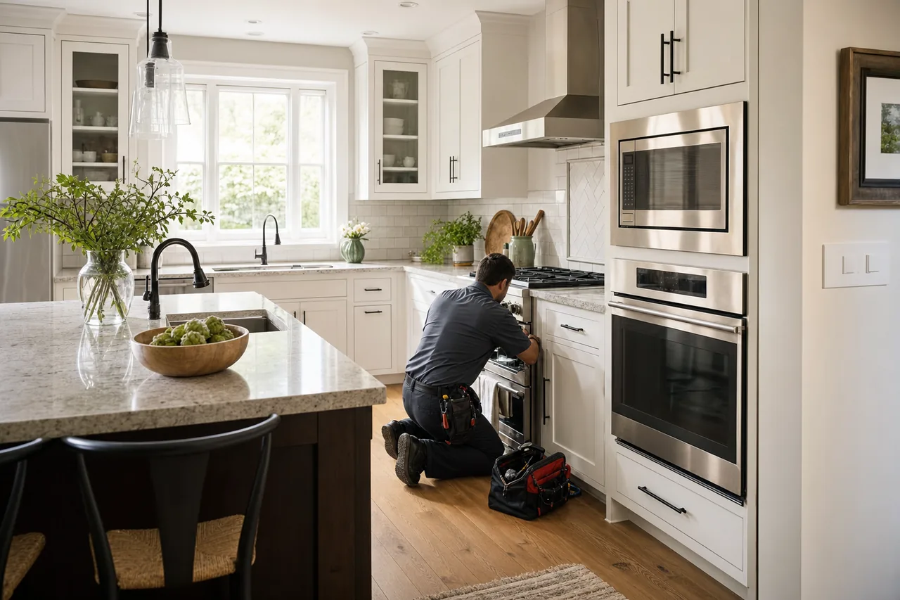 A luxury kitchen with built-in stainless appliances up close