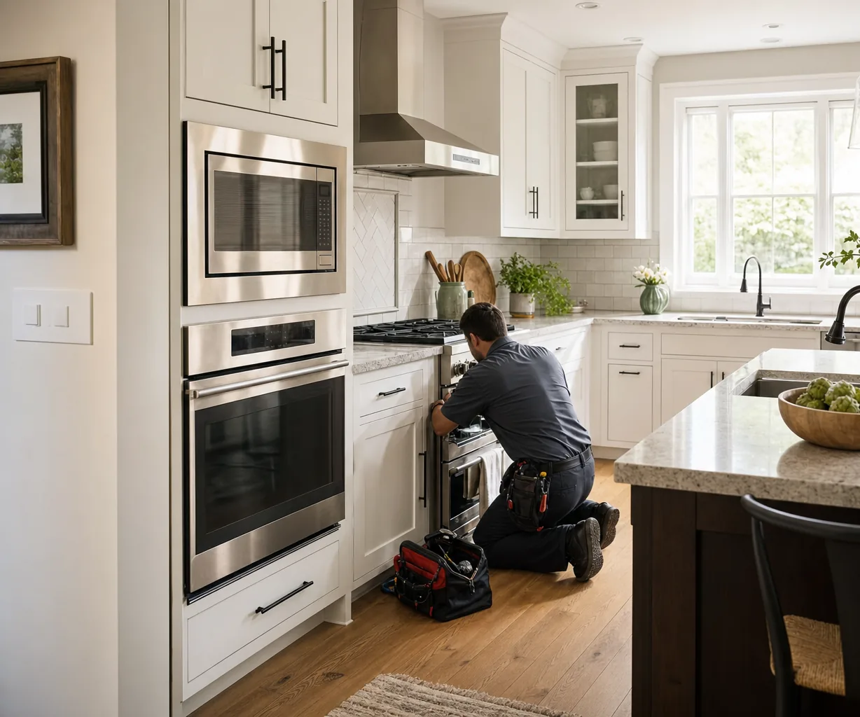 A luxury kitchen with built-in stainless appliances in a Bedford kitchen