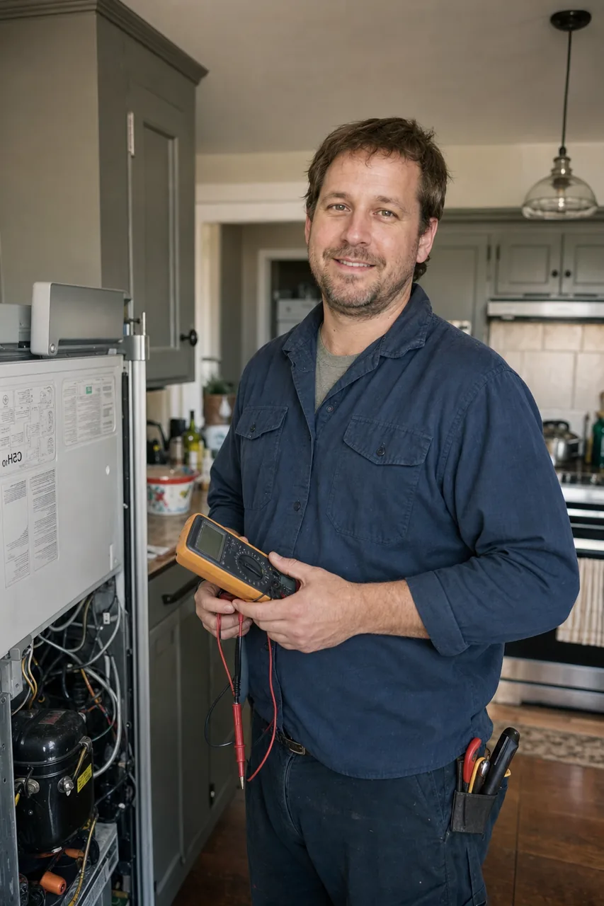 An appliance repair technician holding a multimeter