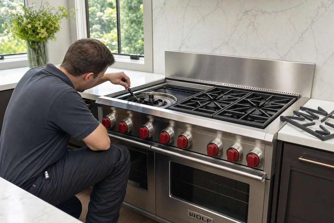 Technician servicing a stainless Wolf range