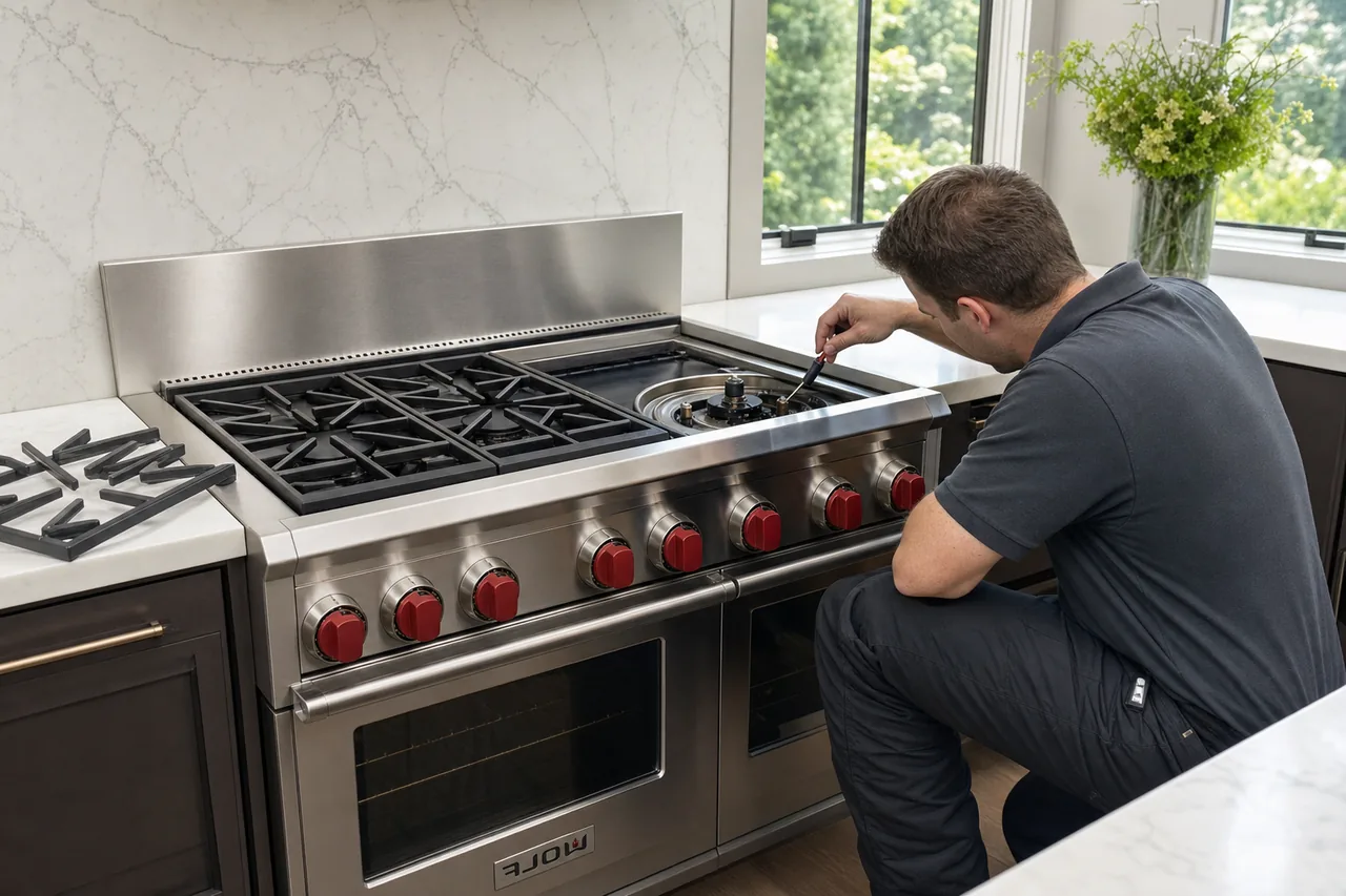 Technician servicing a stainless Wolf range